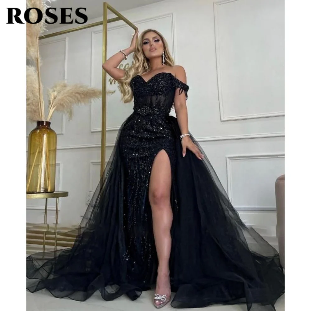 

ROSES Black Elegant Lace Prom Dress Sweetheart Off The Shoulder Prom Gown Shiny Sequins Side Split Ball Gown for Woman 프롬 드레스