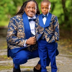 Father And Son Custom Made Blue Jacquard Men Suits Wedding Kids Birthday Party Prom Formal Outfits Sets Groom Blazer 3 Pieces