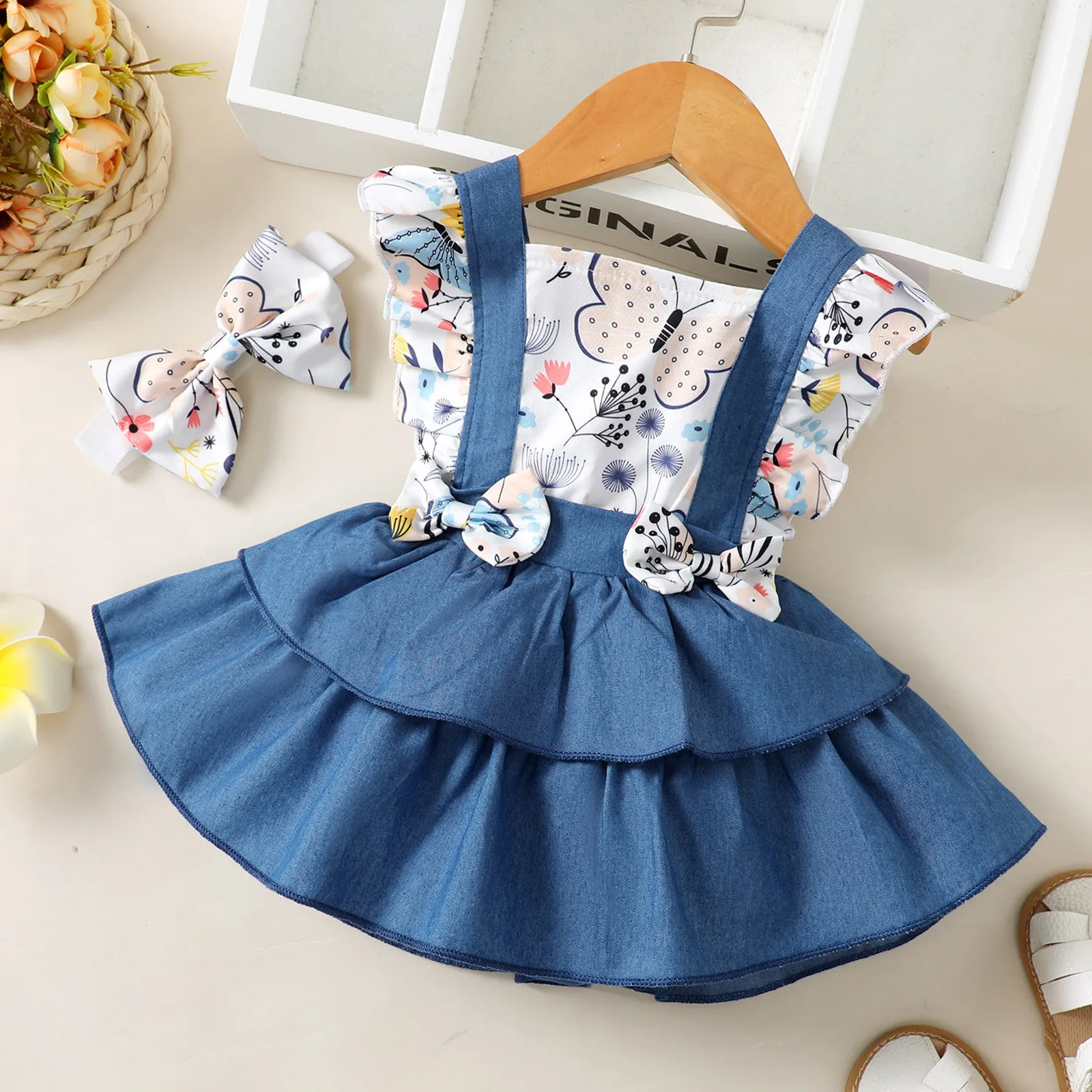 0 to 24 Months Newborn Baby Clothes Sets Girls Summer Dresses Butterfly Printed Bow Party Princess Dresses+Headband Sets Outfits