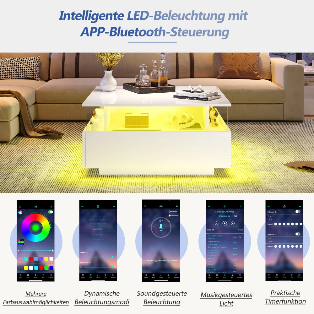 70 x 70 x 41 cm großer moderner Hochglanz-LED-Couchtisch mit 2 Schubladen und transparentem Präsentationsbereich, belastbar bis zu 30 kg – Detail 39