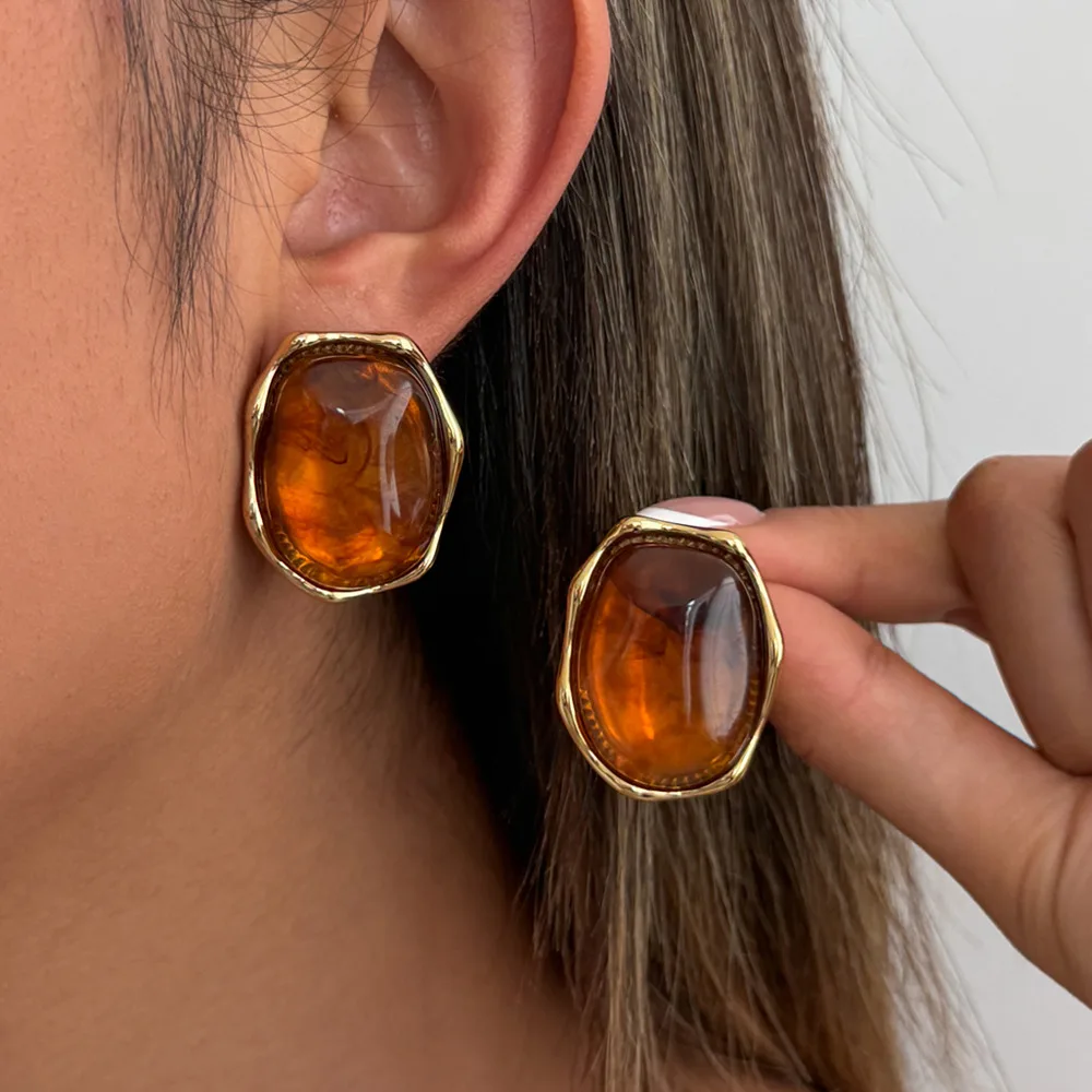 SHIXIN 2026 Irregular Resin Stainless Steel Earring 18K Gold Plated Texture Statement Stud Ear Women Everyday Party Wear Jewelry