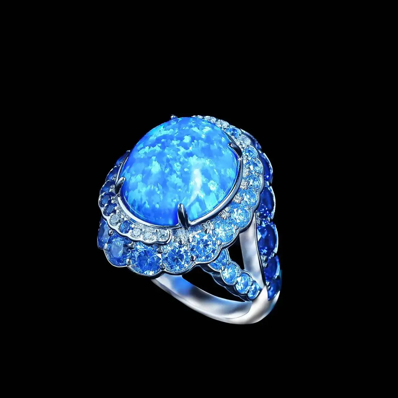 

Vintage 925 Sterling Silver Halo Ring Artificial Oval Blue Opal Luxury Statement Fine Jewelry for Women's Cocktail Birthday Gift