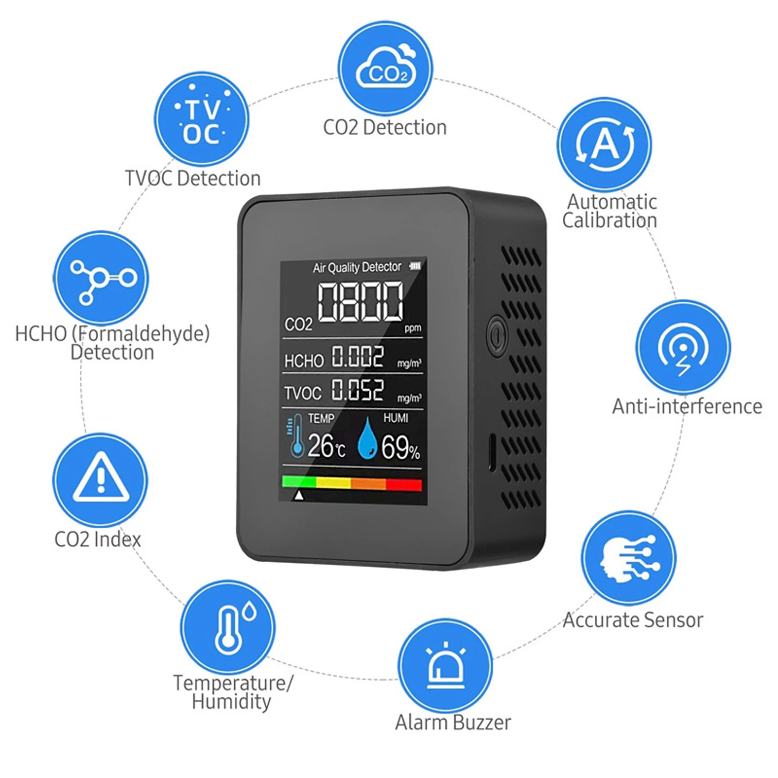 Rilevatore di anidride carbonica CO2 nero LCD TVOC HCHO misuratore di monitoraggio della qualità dell\'aria dell\'umidità della temperatura