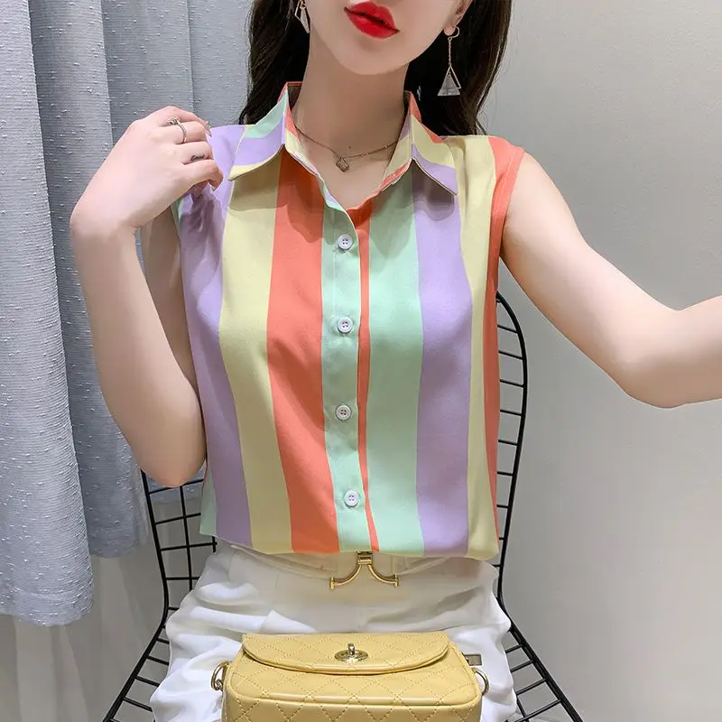 Simplicity Office Lady Summer Women\'s POLO Collar Rainbow Striped Button Patchwork Fashion Loose Sleeveless Chiffon Shirt Tops