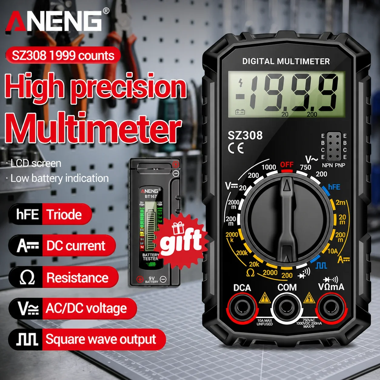 ANENG SZ308 Digitalmultimeter 1999 Zähler AC DC Spannung Strom Widerstandstester Gratisgeschenk BT167 Batterietester Detektor Werkzeuge