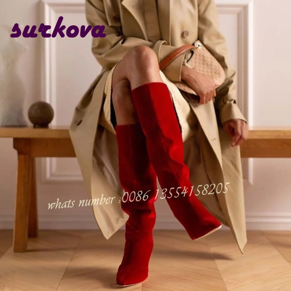 Botas hasta la rodilla de terciopelo rojo, tacones de gatito con punta puntiaguda, botas informales para mujer, zapatos de fiesta de lujo sin cordones sólidos, novedad de 2024