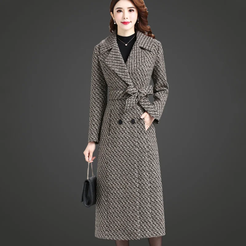 Manteau en cachemire à carreaux pour femmes, veste longue en laine, pardessus à double boutonnage, coupe-vent en laine, ceinture mince, vêtements d'extérieur pour femmes, automne, hiver