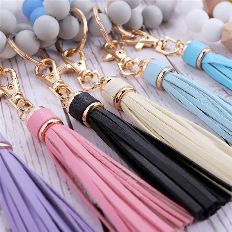 1pcs Silicone Wood Beads Keychain Keyring For Women Wristlet Bracelet Pendant Keychain With Jewelry Accessories