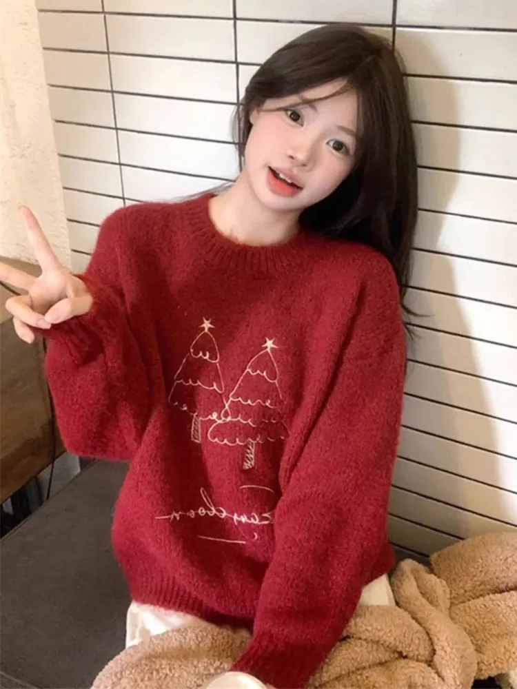 

Sweet Print Red Sweater Women Lazy Wind Vintage Korean O Neck Knitted Pullover Casual Preppy Style Long Sleeve Cute Retro Jumper