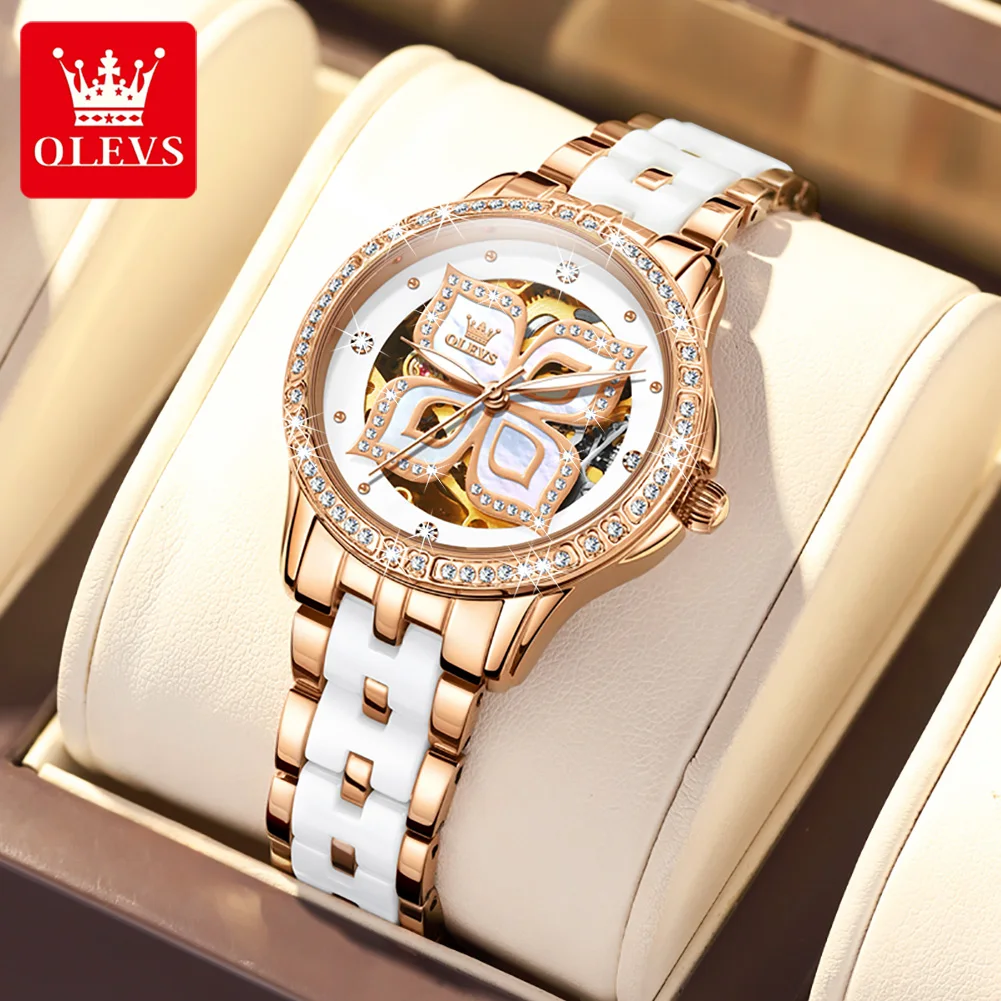 OLEVS Womens Watch Elegant Fashion Bezel Ceramic Strap Original Mechanical Wristwatch Waterproof Luminous Butterfly Dial Ladies