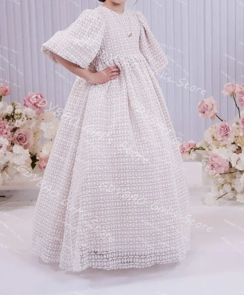 Hollow Out Lace Flower Girl Dress for Wedding Toddler Puffy Balloon Sleeve Communion Dress Custom High Waist Party Princess Gown