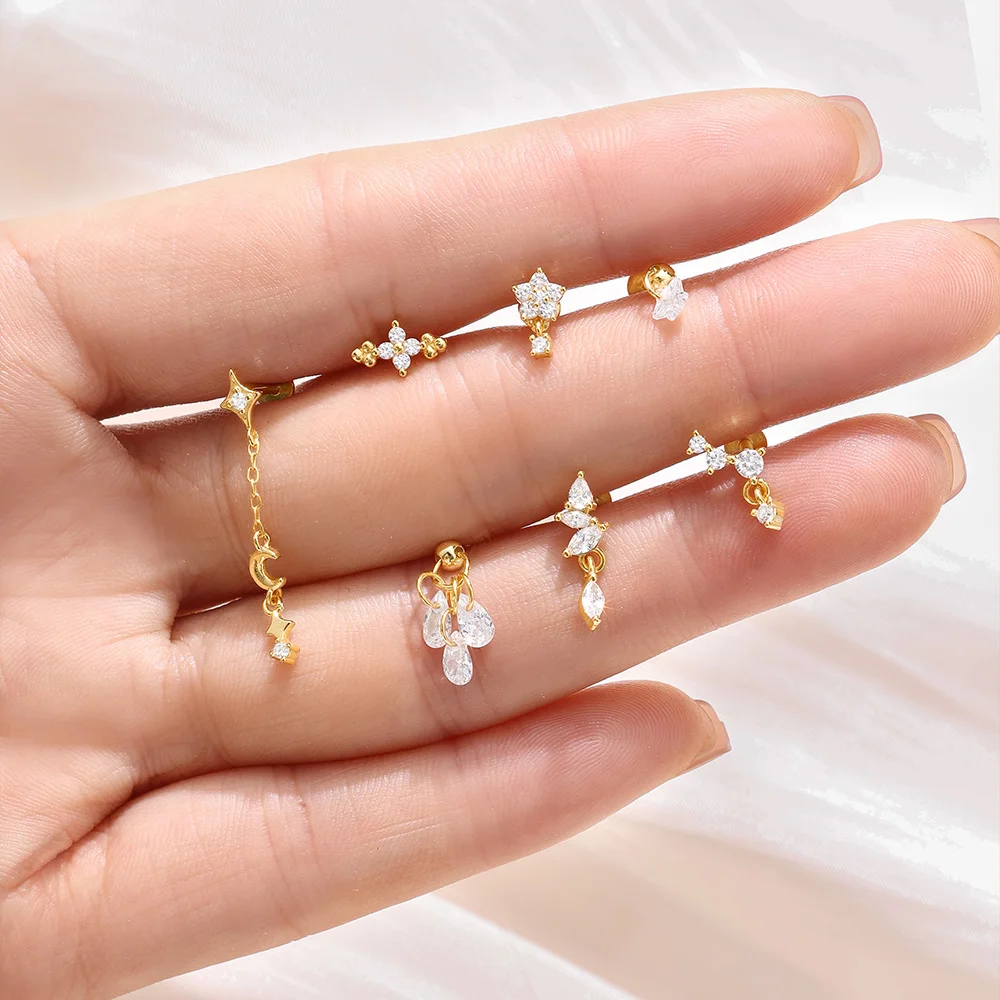 AIDE 925 Sterling Silver Star Moon WaterDrop Pendant Horse eyes Tassel for Women Cartilage Piercing Earring Party Daily Gifts view 4