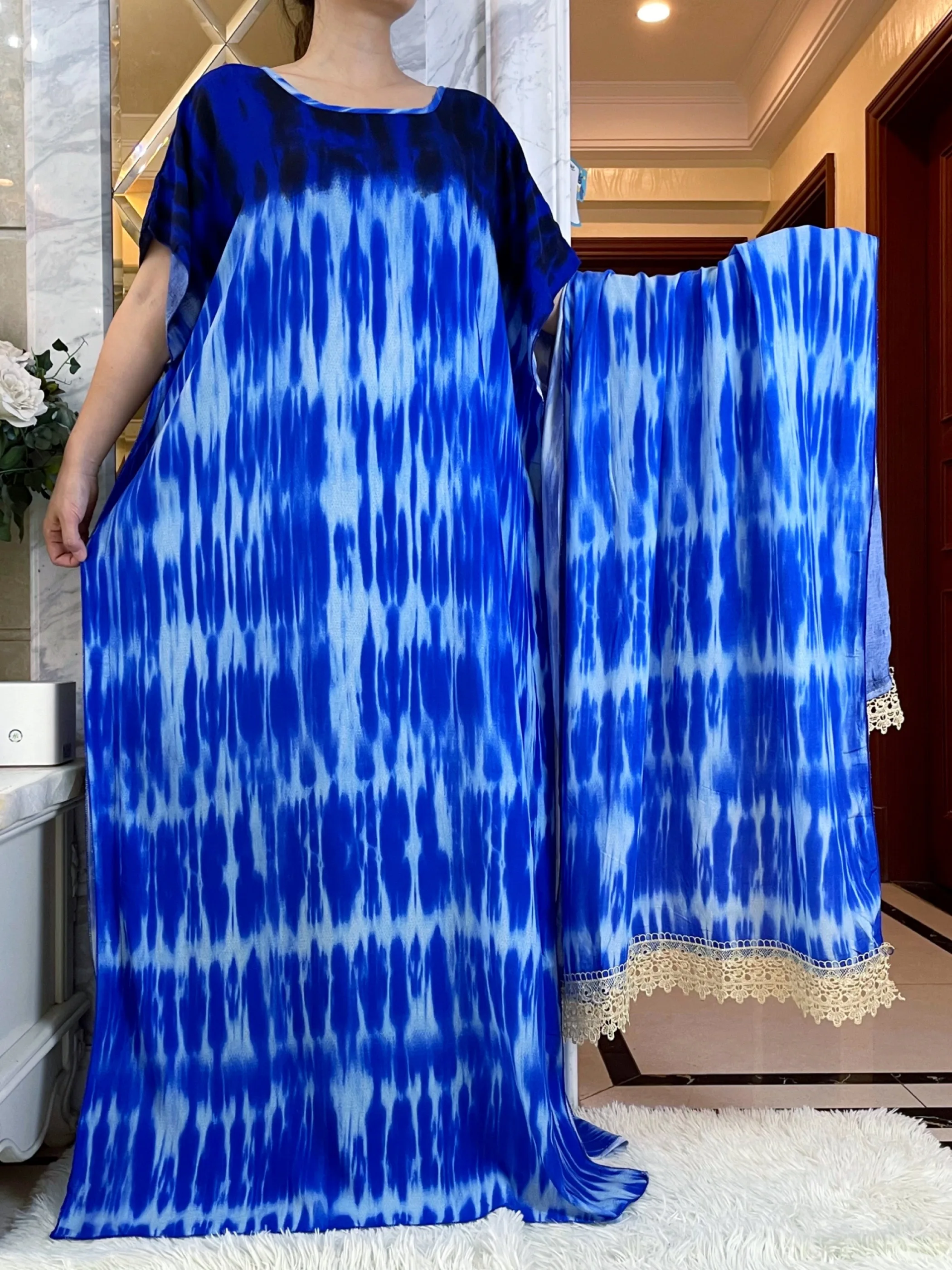 

2023 Short Sleeve Printing Dresse with Big Scarf African Dashiki Floral Cotton Loose Caftan Lady Summer Maxi Casual Vestidos