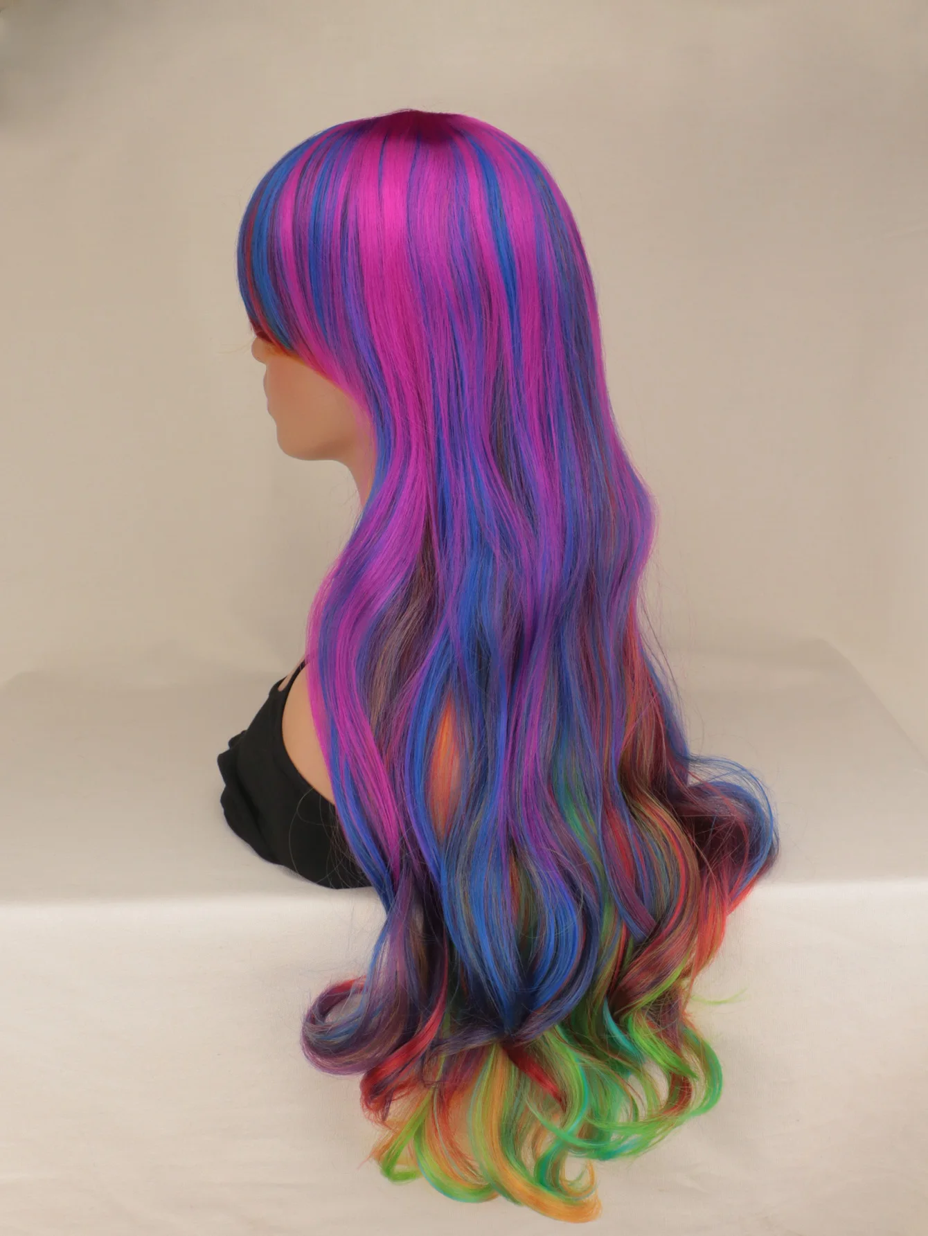 Rainbow Color Long Curly Hair Wig for Women Girls with Bangs Cosplay Party Costume Accessory Perfect for Halloween