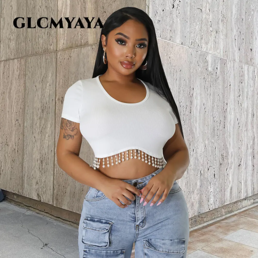 GLCMYAYA Women Crystal Tassel Hem O-neck Short Sleeve Knit Ribbed Mini T-shirt 2023 New Summer Fashion Exposing The Navel Tee