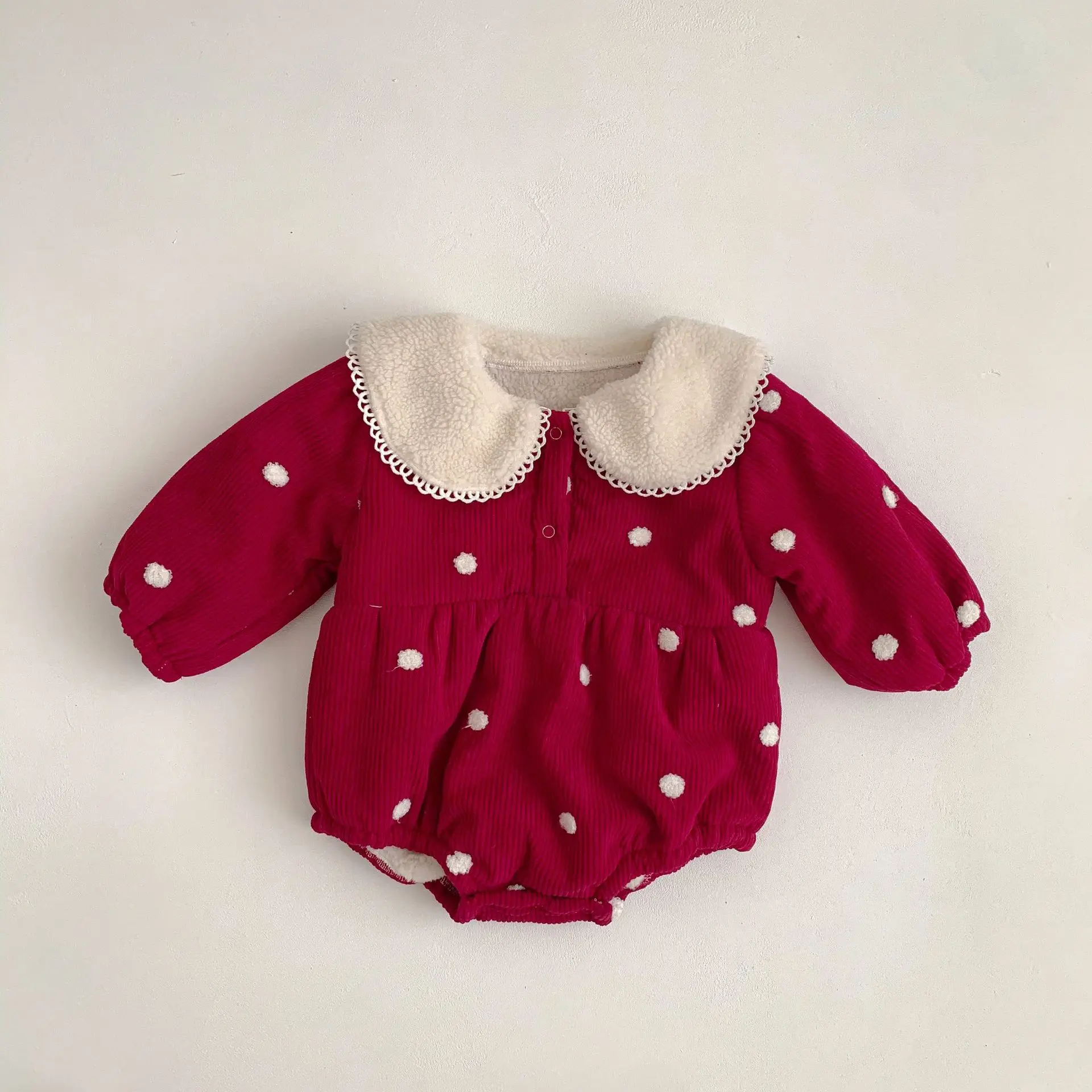 Angoubebe 555H204 2023 New Winter Infant Baby Girls Warm Thick Dots Knitted Onesie Wholesale