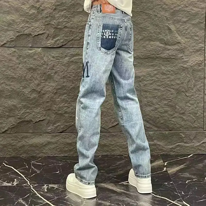 Celana Jeans Pria Model Kaki Lebar Musim Semi dan Gugur, Serbaguna, Fashion, Bermotif, Kasual, Stretch, Trendi, Biru, Model Lurus