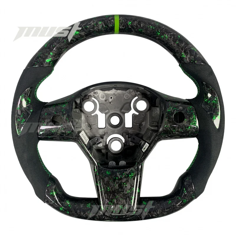 

Модель Y Performance 2018-2024 EV, изготовленный на заказ руль из кованого углеродного волокна, зеленый, тонкий, сшитый вручную