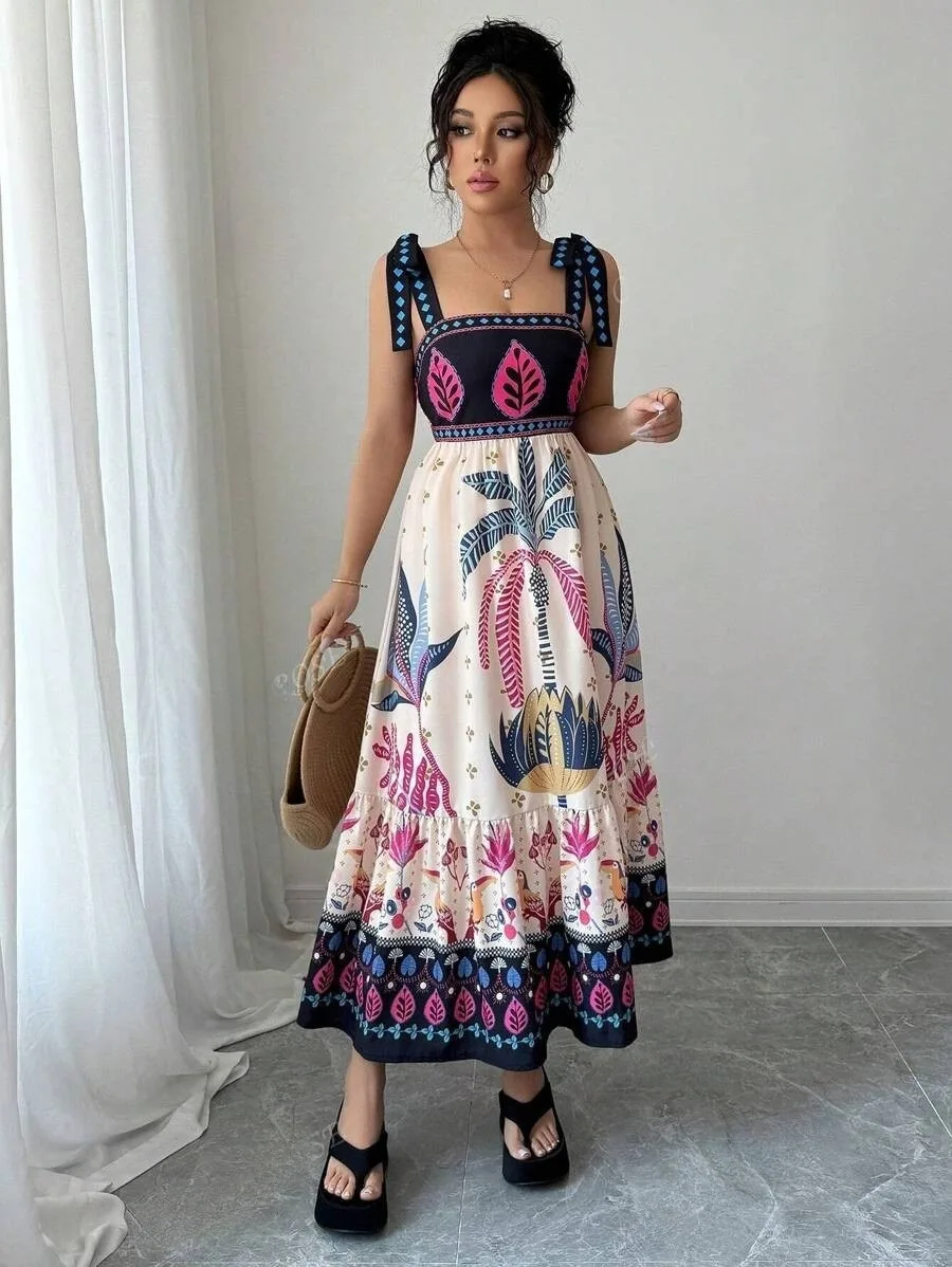 

Fashion Boho Printed Suspender Dress Sexy Off-shoulder Elastic High Waist Big Hem Long Dresses Casual Vacation Women Clothing