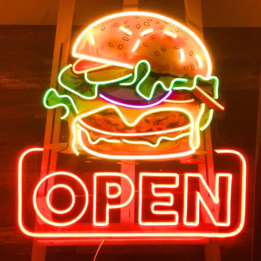 Burger Open Neon Sign Outdoor Business Sign Burger Neon Custom LED Hamburger Neon Light Up Fast Food Restaurant Decor Food Truck