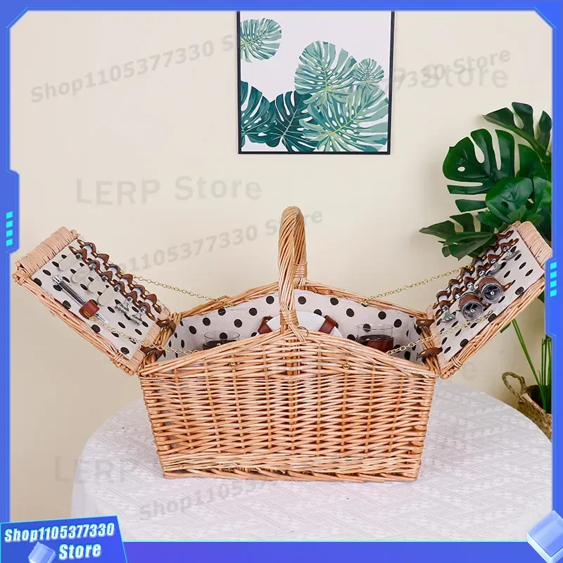 Large Capacity Foldable Willow Picnic Basket With Lid Outdoor Rattan Hand Basket Set Including Tableware For Camping Travel