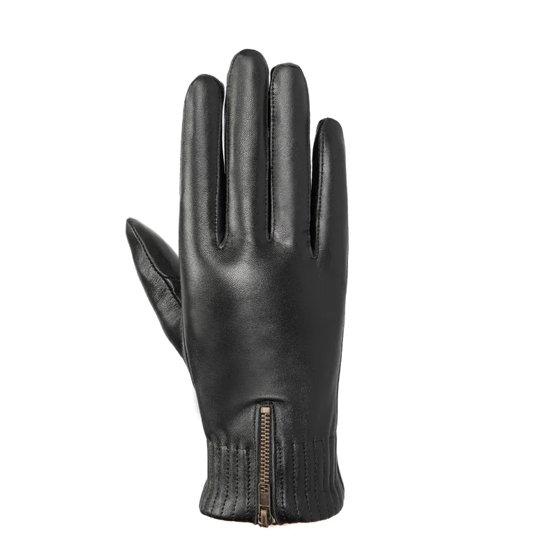 Winter Thicken Warm Retro Gloves Black Natural Sheepskin Leather Gloves Men Genuine Leather Zipper Touchscreen Driving Glove - view 6
