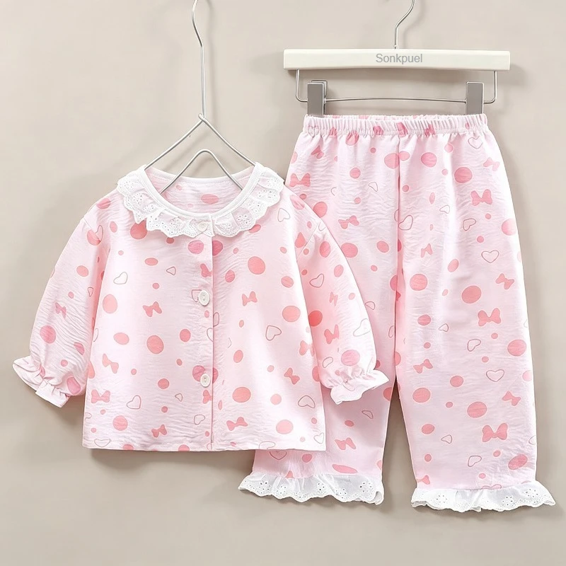 Kinder Mädchen Hauskleidung Sets Lose Dünne Kinder-Pyjamas Spitze Blumenmuster Prinzessin Langarm-Oberteil+Hose 2-teiliges Set Mädchenbekleidung – Detail 15
