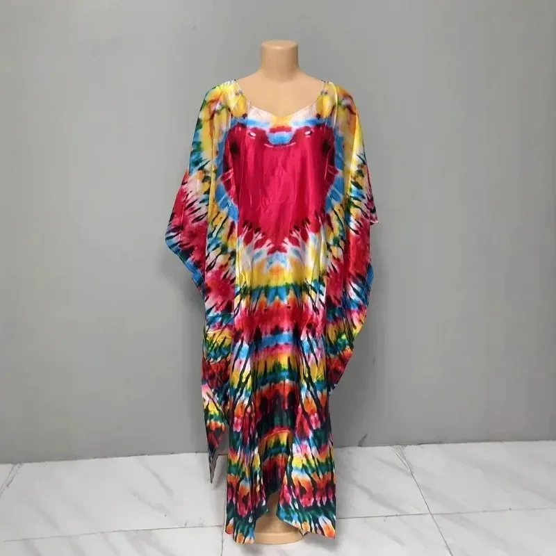 فستان نسائي مريح بمقاس كبير، طباعة زهور، تنورة طويلة بخصر فضفاض، أكمام تشبه جناح الخفّاش، رقبة على شكل V، طول الكاحل، أزياء أنيقة