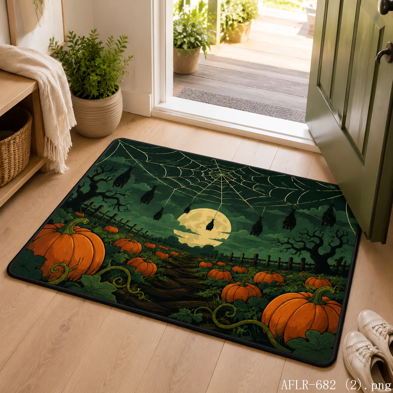 VIKAMA Jack O Lantern Bat Halloween Doormat Non Slip Indoor Outdoor Rug Dark Night Spooky Front Entrance Welcome Door Mat Rug
