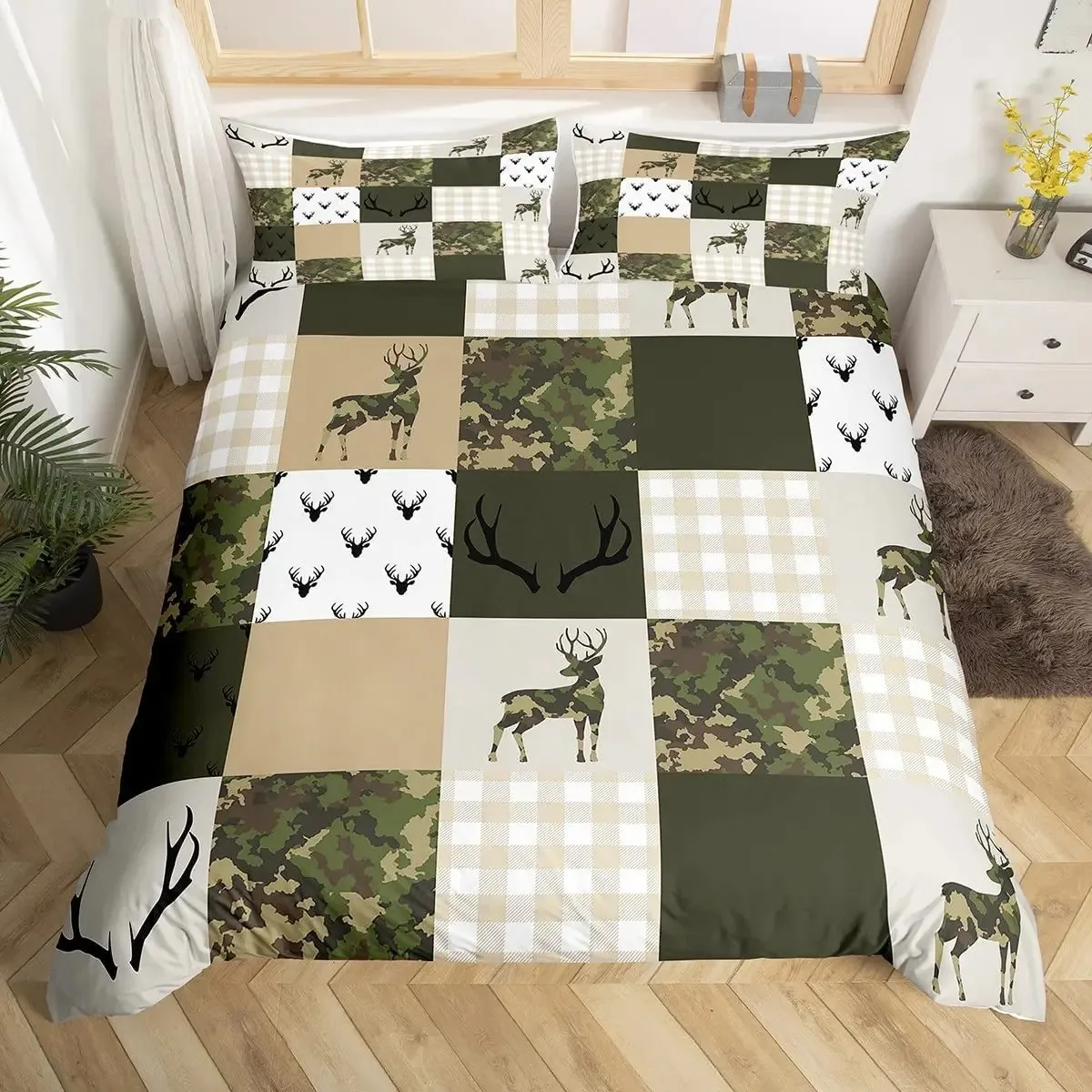 Antlers Duvet Cover Set,Elk Deer Bedding Set Illustration of Deer Dressed Up Like Cool Hipster Creative Animals Comforter Cover