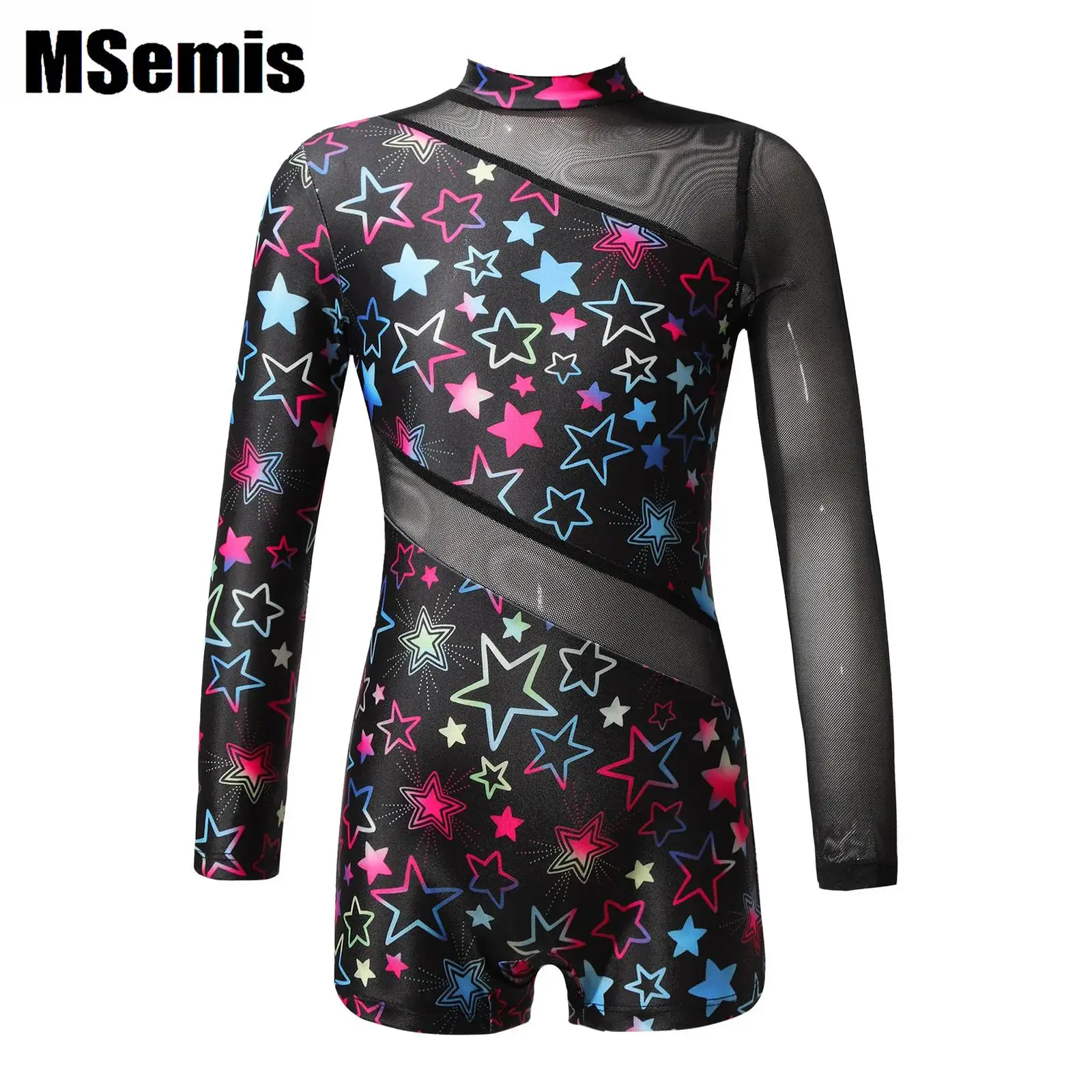 

Kids Mesh Patchwork Swimsuit Girls Mock Neck Long Sleeves Bodysuit for Dance Swim Gymnastics Jumpsuit