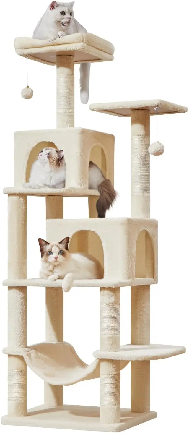 

Cat Tree, 61-Inch Cat Tower for Indoor Cats, Plush Multi-Level Cat Condo with 5 Scratching Posts, 2 Perches, 2 Caves, Hammock