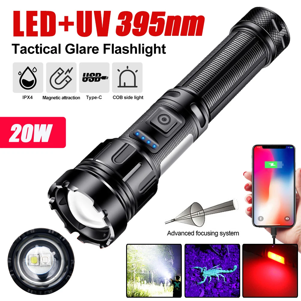 

20W 2in1 UV Black Light White Flashlight LED Linternas Torch 395nm Ultraviolet Pet Urine Detector Camping Carpet Catch Scorpions