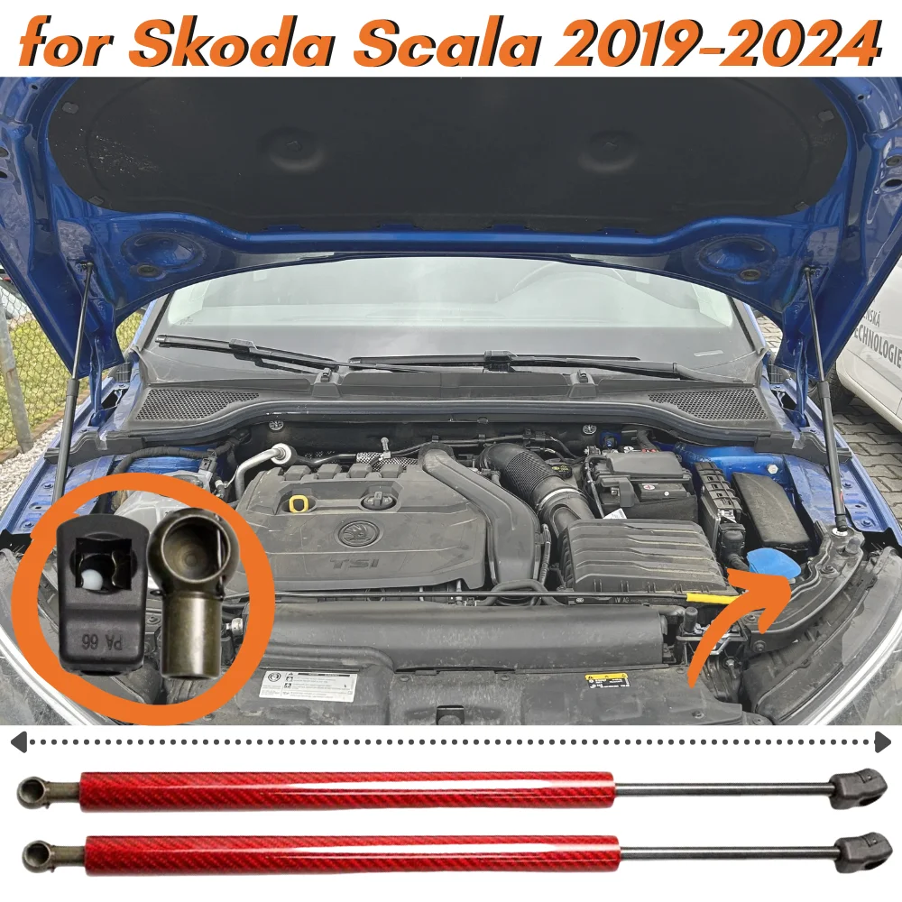 

Кол-во (2) стойки капота для Skoda Scala 2019-2024, передняя крышка капота из углеродного волокна, газовые пружины, подъемные опоры, амортизаторы, балки