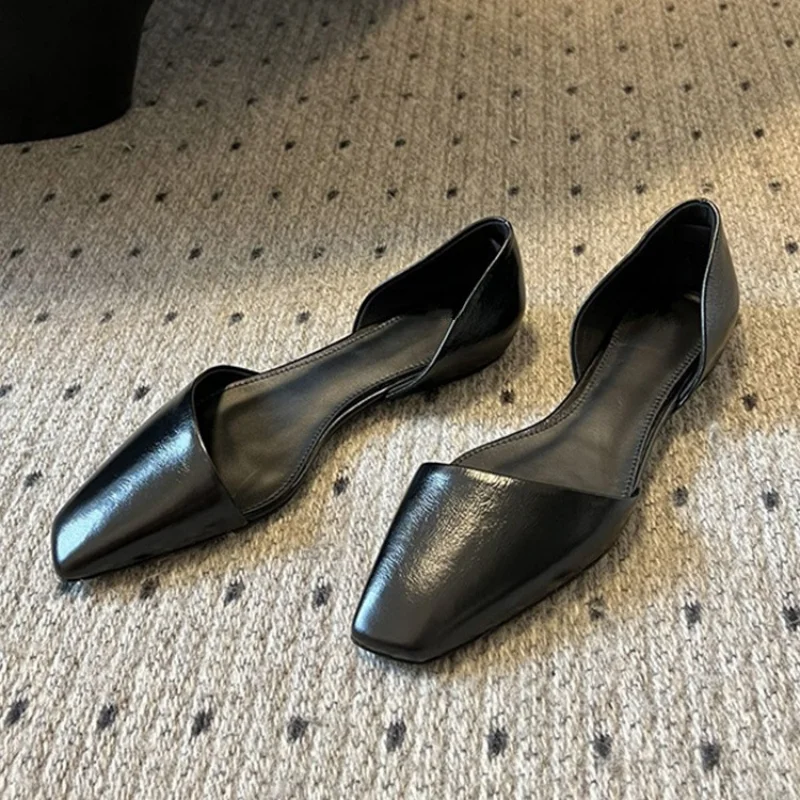 

Retro Square Toe Leather Flats Shoes Women Fashion Hollow Mules Sandals Designer Cozy Ballet Flats Loafers