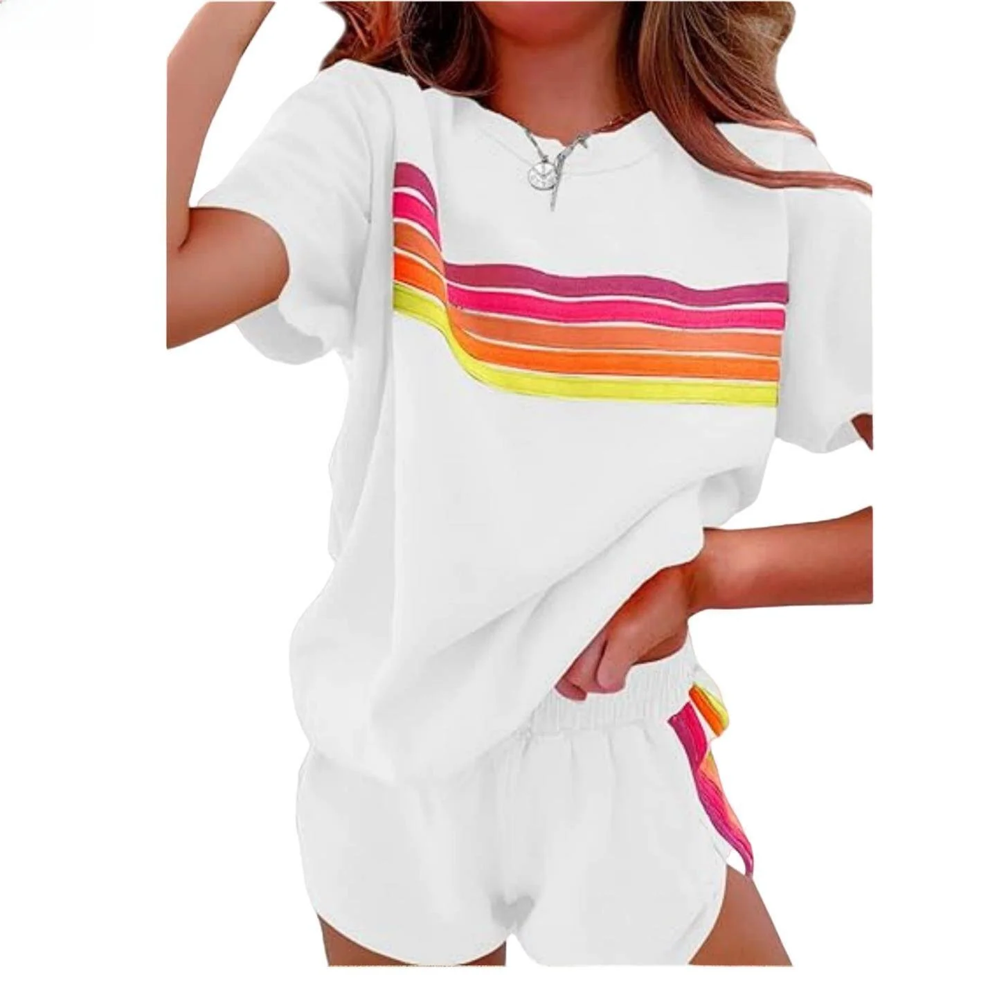 

Spicy Girl 2026 Spring Summer New Home Set Women Simple Color Block Fashion Casual Set Three Pieces T-Shirt Short Sleeve