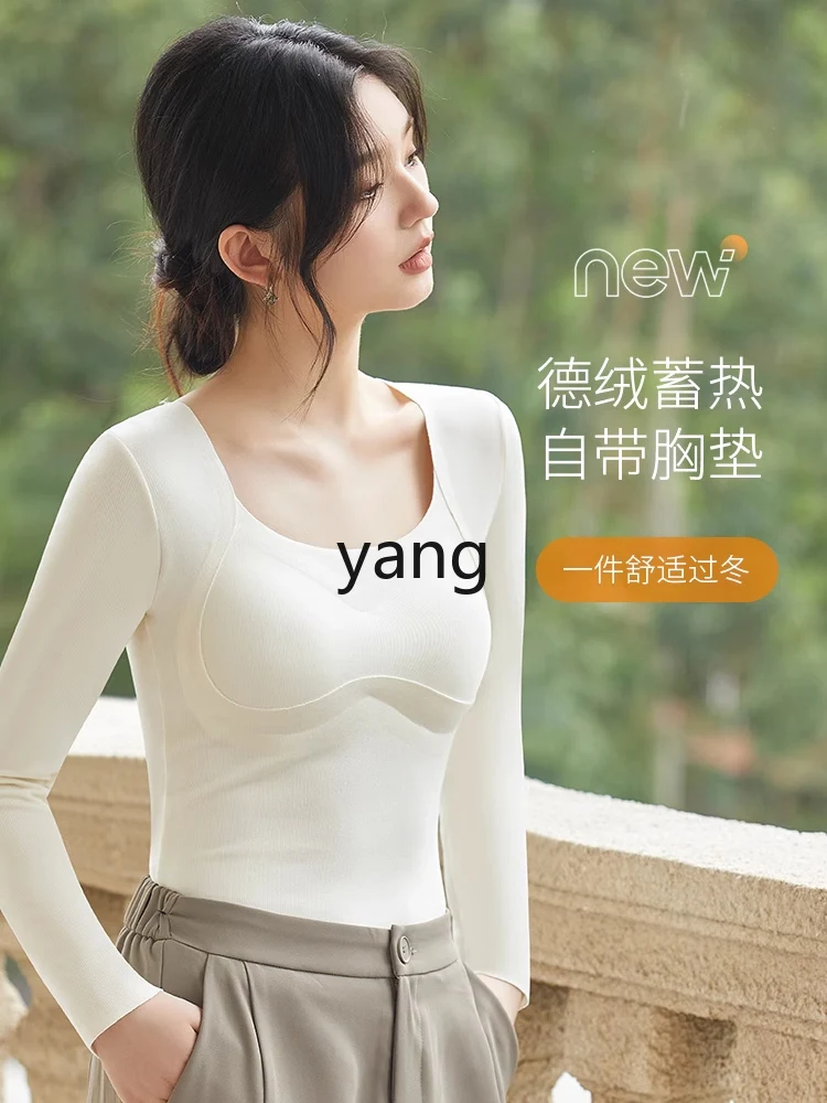 LMM サーマル下着胸パッド付き女性フリース肥厚冬インナー女性ボトリングシャツ