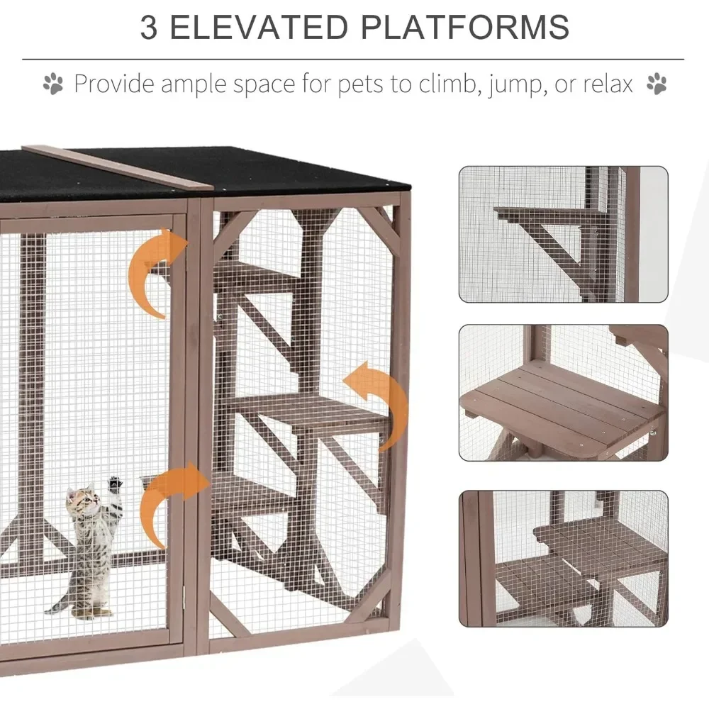 Imagem -03 - Cerca de Madeira ao ar Livre Cat House Cat Cage com Plataformas Grande Porta de Entrada Proteção contra Intempéries Asptunnel Roof 71 l