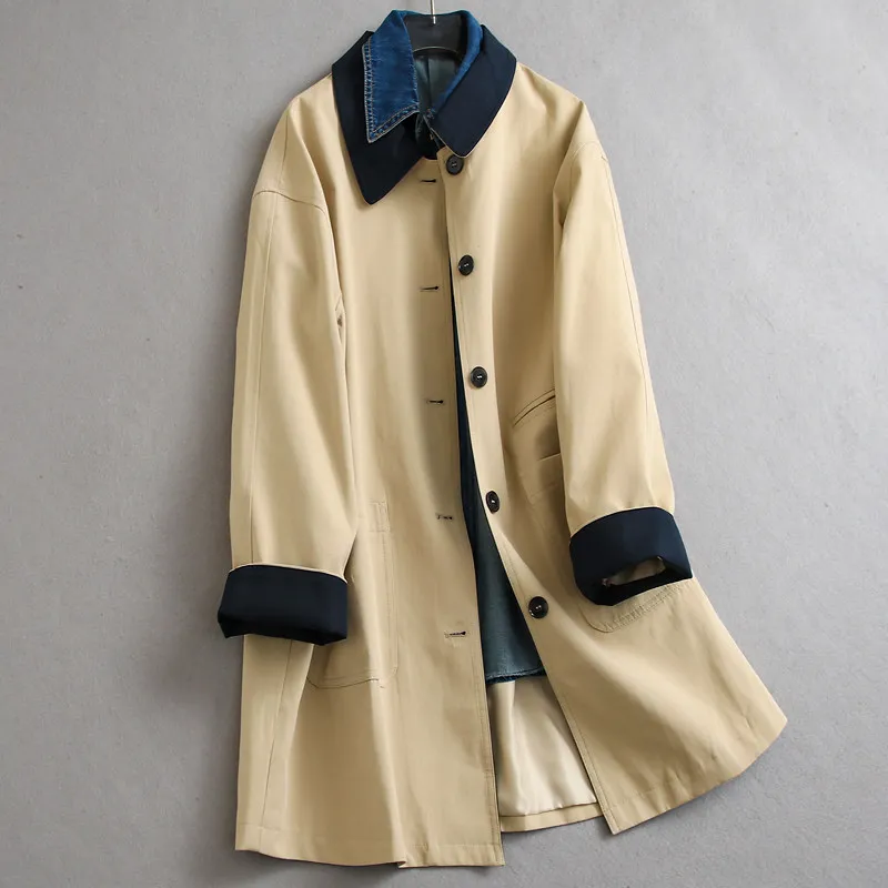 

SuperAen Contrast Color Placket Polo Collar Loose Slimming Single-breasted Long-sleeved Coats Mid-length Blue Denim Coats Sets