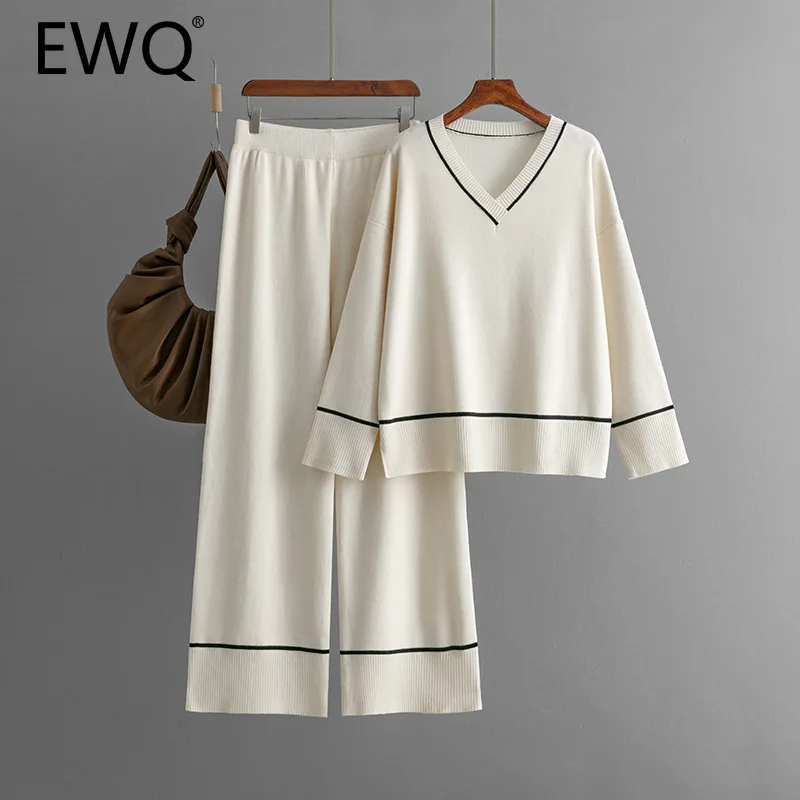 EWQ Casual Knitted 2 Piece Set Women Autumn And Winter V Neck Pullover Sweater + Wide Leg Pants Versatile New Clothing 27X1516