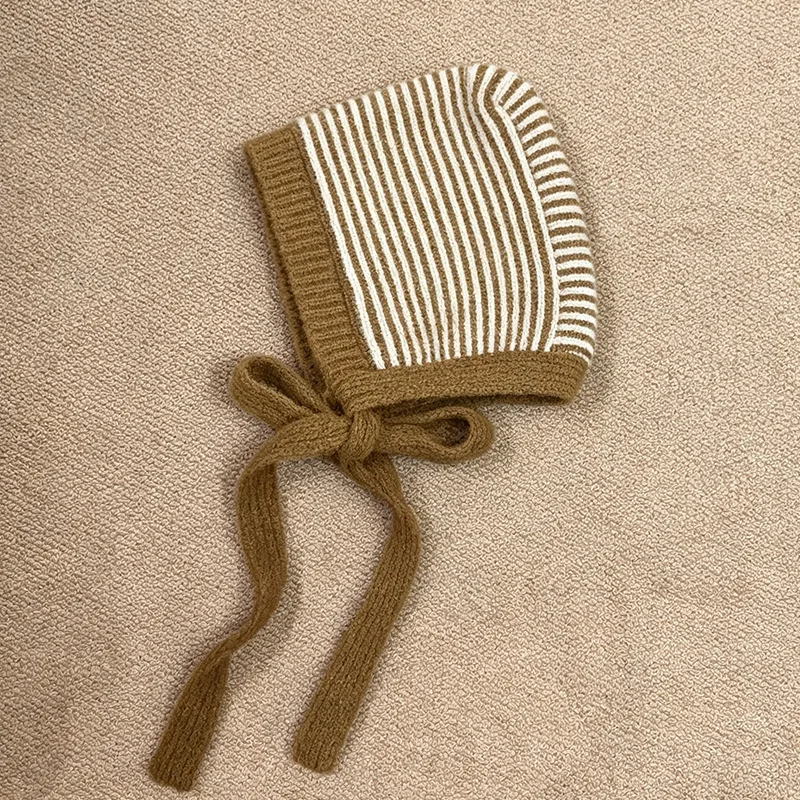 Neue japanische Wollmischung, gestreifte Strickmütze mit Schnürung, zum Schutz der Ohren, ideal für den Winter, zum Schutz des Nackens im Freien, warme Bombermütze. – Detail 9