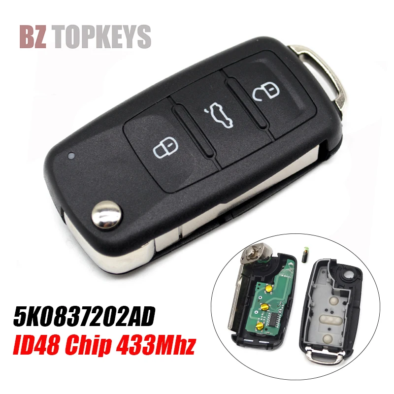 Folding remote key 3button ID48 Chip 434Mhz 5K0837202AD for VW Passat Tiguan Polo Seat Beetle Golf car key replacement fob