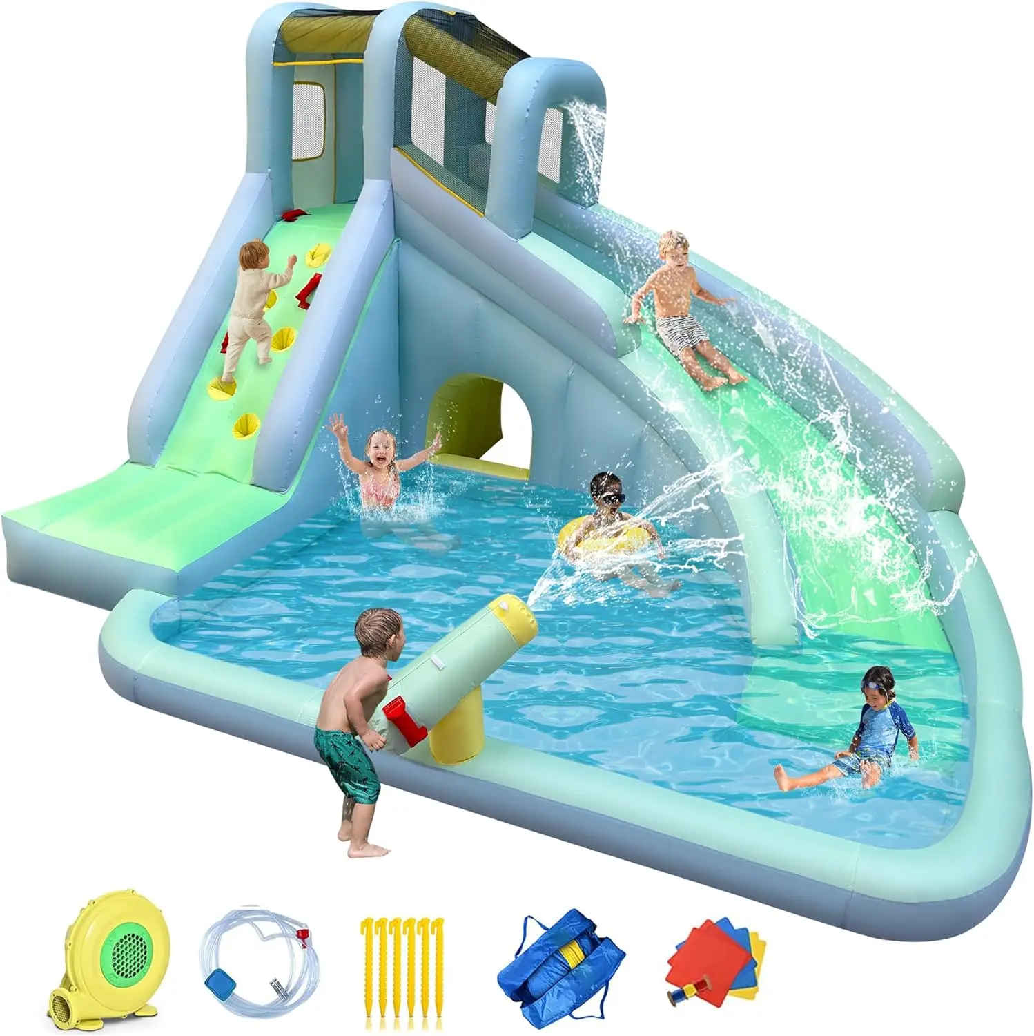 Kid's Inflatable Bounce House Water Park, 6-in-1 Summer Outdoor Party Fun with 550W Blower, Giant Slide, Climbing Wall, Splash Pool, and Water Blaster