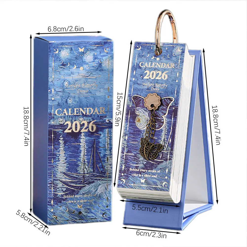 2026年ヴィンテージヨーロピアンスタイル油絵フリップカレンダー、各ページにインスピレーションを与える引用句付きの12ヶ月永久カレンダー