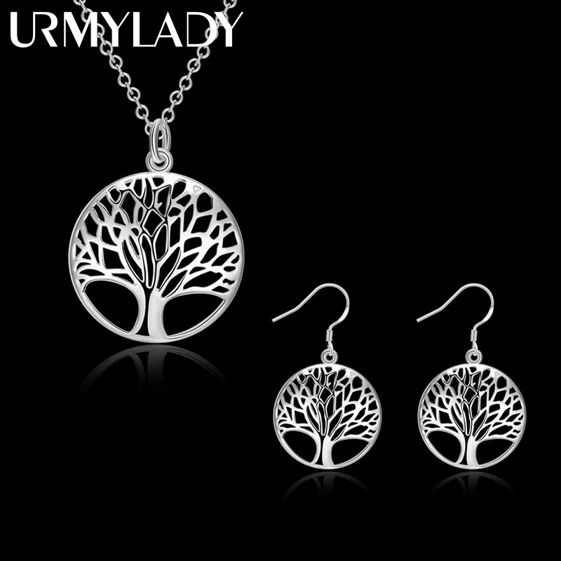 Ensemble de bijoux fins rétro en argent regardé 925 pour femme, collier pendentif arbre rond, boucles d\'oreilles tendance, fête de mariage, cadeaux