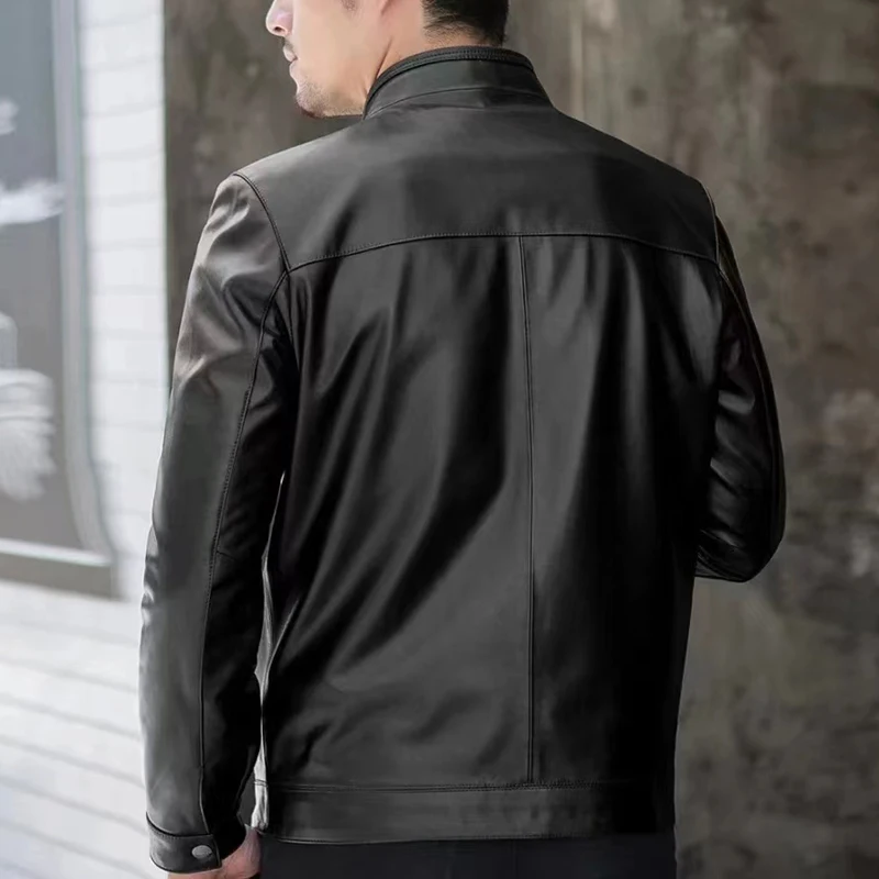 Genuine Leather Jacket For Men 2024 Male Sheepskin Motorcycle Stand Collar Simple Business Coat Slim Fitting Formal Clothing