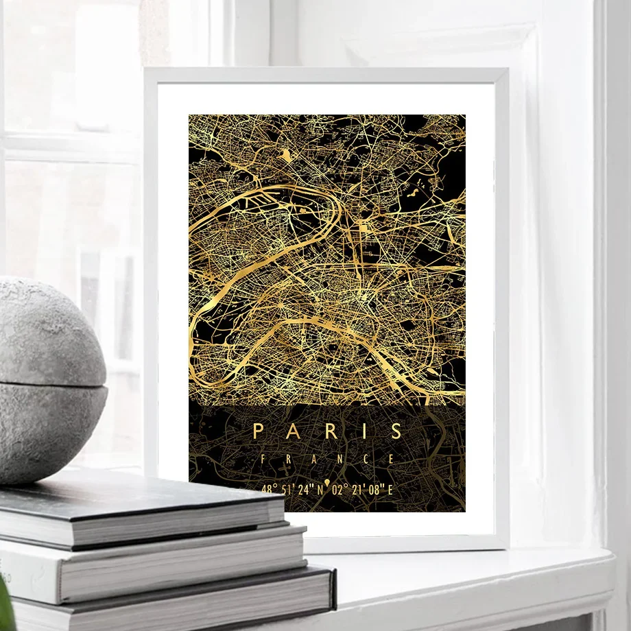 Wall Art Canvas Painting Black Golden French Paris City Map Living Room Home Decoration Posters And Prints Club Wall Pictures