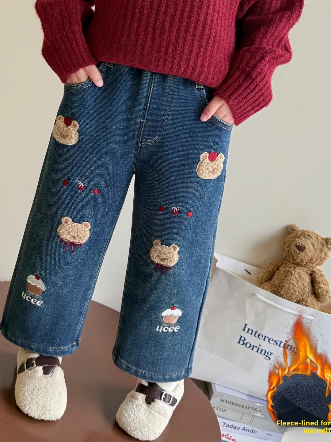 

Джинсы на подкладке для девочек, зимние новые джинсы Sle Faionable Baby Cherry Ice Cr Bear, теплые прямые брюки с высокой талией, длинные...