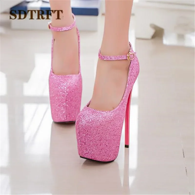 SDTRFT Crossdresser Stiletto 20cm Thin High Heels Female Shoes Woman Round Toe Sequined Platform Wedding Pumps Plus:47 48 49 50