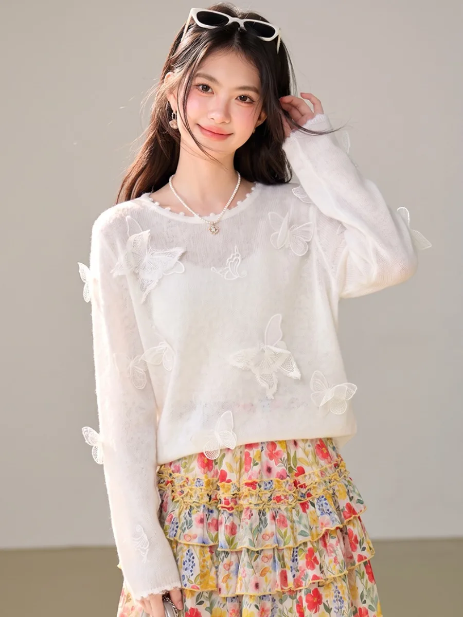 Women's round Neck Knitted Sweater 3D  Patch Flower Embellished Slimming Long Sleeve Overhead Spring Autumn Top